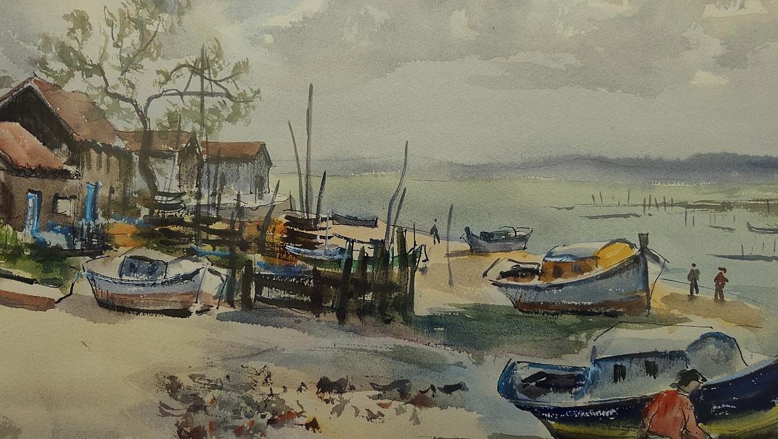Jean Hourrégue (1919–1983) Fishing Village In The Arcachon Basin. Landes Gueit, Béarn.-photo-3
