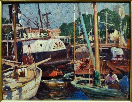 Paul Émile Lecomte (1877-1950) Port de La Rochelle ~1920. Peintre Marine, Callot, Balande, Yeu.-photo-2