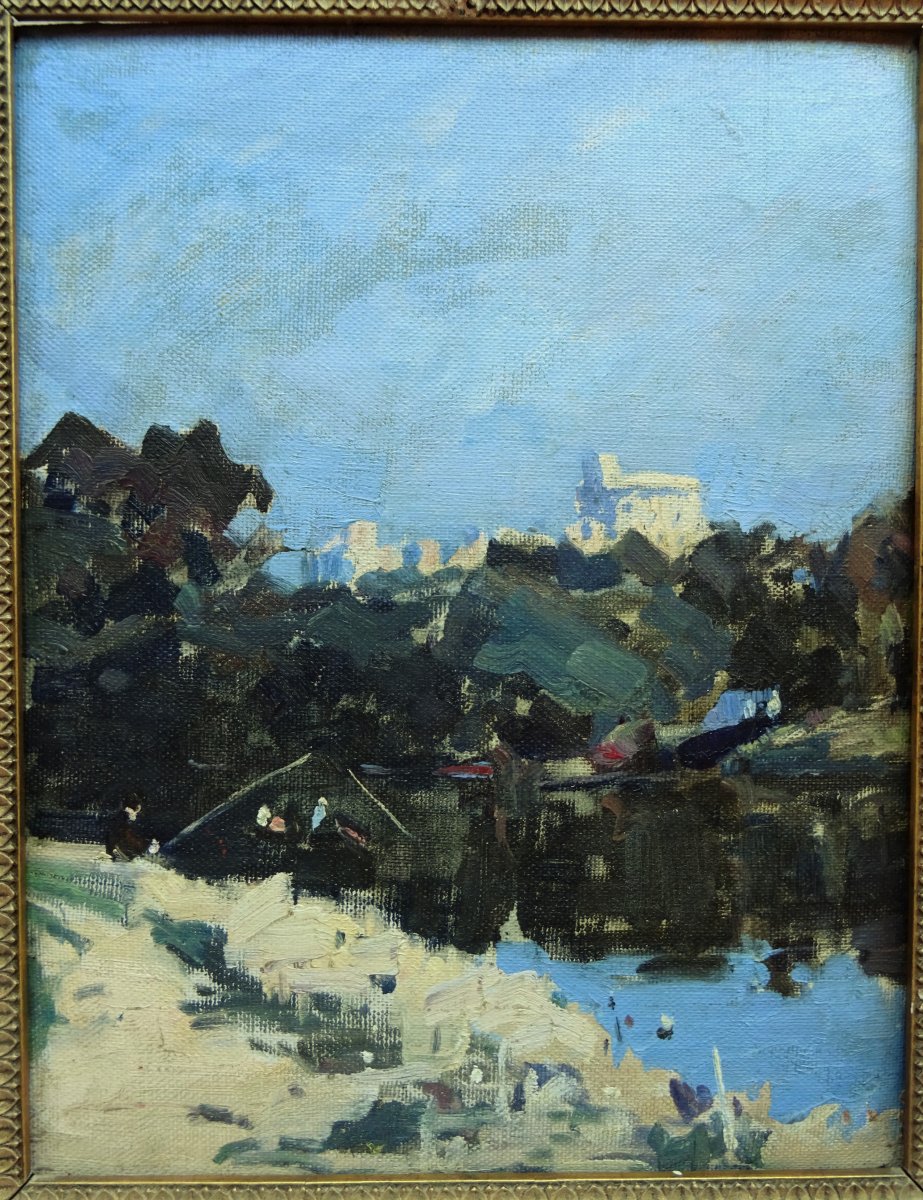 George Oberteuffer (1878-1940)  "pêcheurs et canotage près d'Avignon" USA, Impressionniste,  peintre Américain très côté. -photo-4