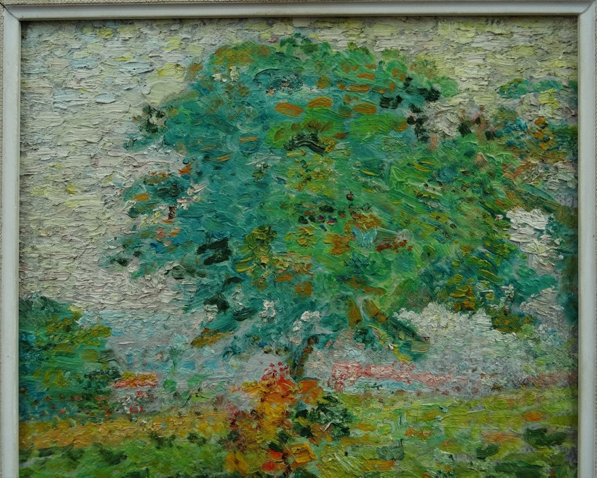 Ludovic Vallée (1864-1939) " Paysage à l'arbre et aux fleurs" Peintre divisionniste, Henri Martin, Edouard Fer, Laugé, Detroy.....-photo-2