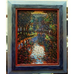 Ernest Lucien Bonnotte (1873-1954) " Canal en Bourgogne c.1910 " Peintre Pointilliste né à Dijon, Henri Martin, Laugé, Hayet 