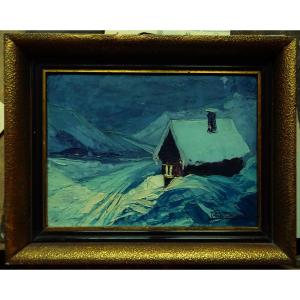 André Raynaud (1890-1974) " Soir glacial, hiver dans les Alpes " Peintre de montagnes, Valence, Contencin, Poignant, Communal