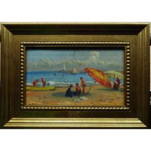 Ecole Française ou attribué à Maximilien Luce (1858-1941) ? " Plage animée au Tréport ". Hayet.