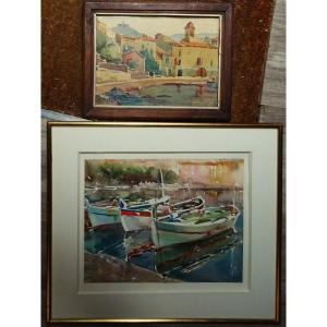Julien Py (1909-2014) 2 rares aquarelles sur Collioure. Peintre catalan. Peské, Hanicotte Laugé