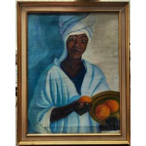 Jean Vanden Eeckhoudt (1875-1946) Femme métisse aux oranges 1924. Detroy, Belgique, Crozant
