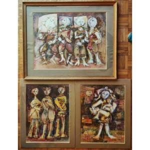 Eugène Fidler (1910-1990) 3 Mixed Media Works From 1973. Vallauris, Russe, Raty, Picasso, Capron