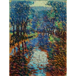 Ernest L. Bonnotte (1873-1954) Riverbank, Burgundy. Pointillism. Dubois-pillet Hayet Luce