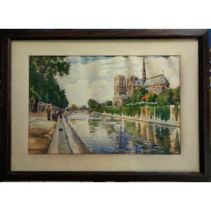 Louis MOREAU (1883-1958) Pêcheurs à Paris, Notre Dame ~1920. Ecole de Crozant, Châteauroux, Rue