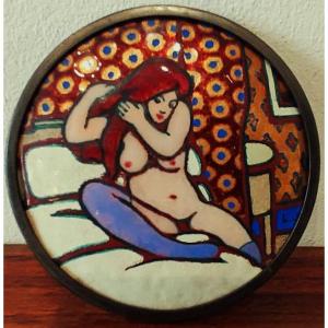 Léon Jouhaud (1874-1950) Léontine Se Coiffant ~1913, Limoges Enamel. Rouart, Bichet, Crozant