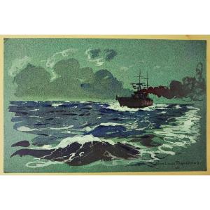 Jean Louis Paguenaud (1876-1952) Croiseur par mer agitée. Limoges, Marine, Marin Marie Voyageur