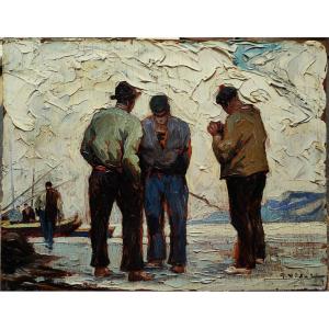 Gustave VIDAL (1895-1966) Pêcheurs en méditerranée. Ecole Provençale, Avignon, Marseille Treize