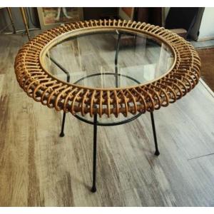 Janine Abraham & Dirk Jan Rol. Table basse en rotin et fer vers 1950/60. Royère, Matégot Dumond