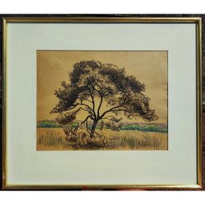 Léo Gausson (1860–1944), *tree And Landscape At Gouvernes*, 1891. Lagny School, Pointillism, Luce...