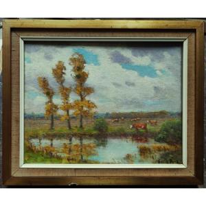 Paul Rue (1866-1954) Pâturages en Brenne. Ecole de Crozant, Châteauroux, Maillaud, Creuse....
