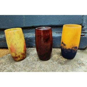 3 vases de Daum Nancy d'époque 1915/1930, 2 mat et 1 brillant. Schneider, Muller, Gallé....