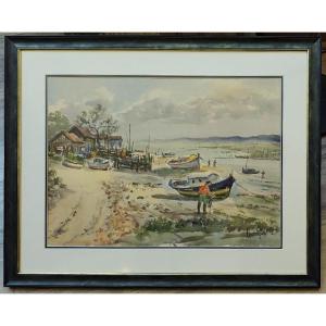 Jean Hourrégue (1919–1983) Fishing Village In The Arcachon Basin. Landes Gueit, Béarn.