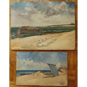 2 vues de l'île d'Oléron plage de Saint-Denis en 1936 signée à déchiffrer. Chevalier, Lessieux