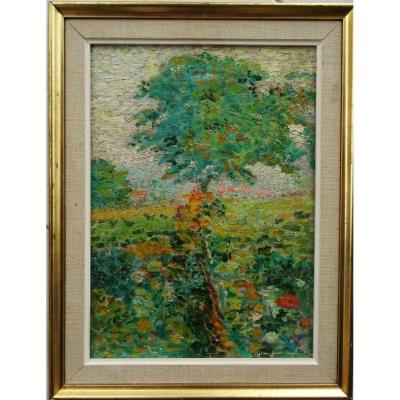 Ludovic Vallée (1864-1939) " Paysage à l'arbre et aux fleurs" Peintre divisionniste, Henri Martin, Edouard Fer, Laugé, Detroy.....