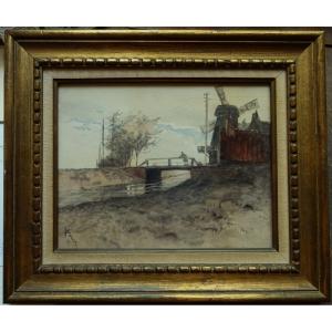 Frank Boggs (1855-1926) " Moulin et pont, 1895 " Impressionniste Français / Américain, USA, Boudin, Jongking, Frank Will.....