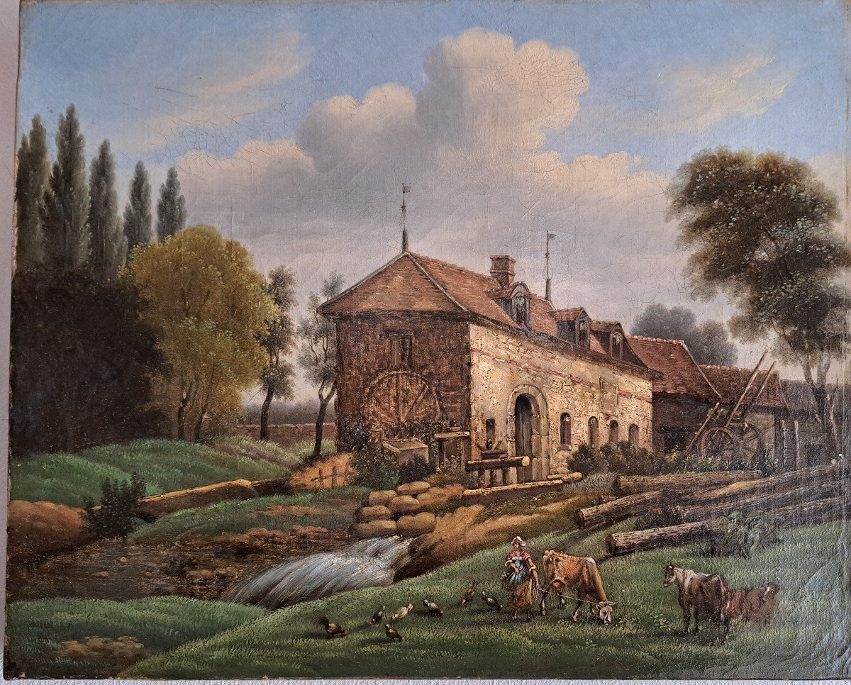 18th Century Painting. Animated Countryside Landscape Oil On Canvas  