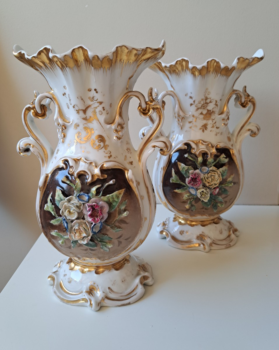 Paire De Vase De Mariage En Porcelaine De Paris 