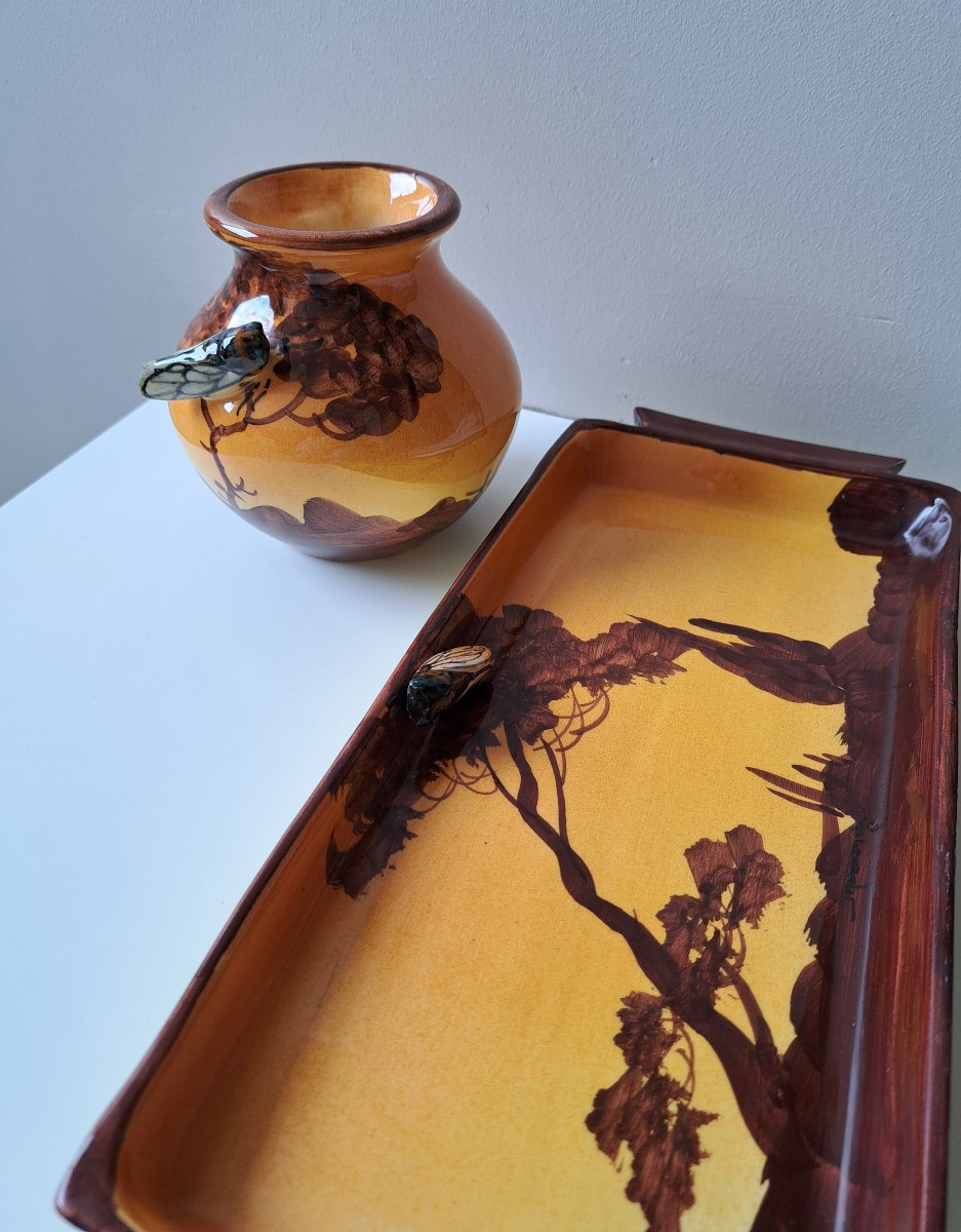 Set Of A Tray And A Vase Signed Massier-photo-2