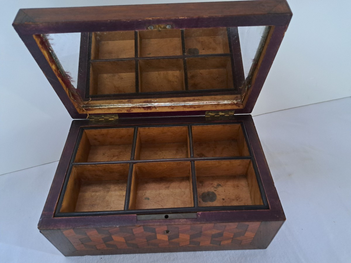 coffret à bijoux Directoire en marqueterie "cubes"-photo-3