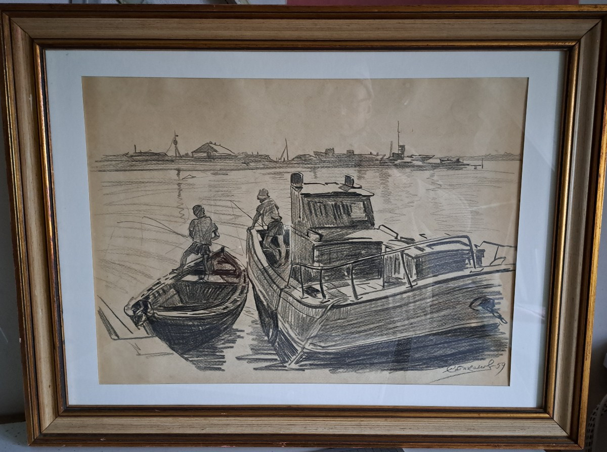Drawing Of Boats By Igor Stakhanov, Ukrainian Artist Of The Soviet Period