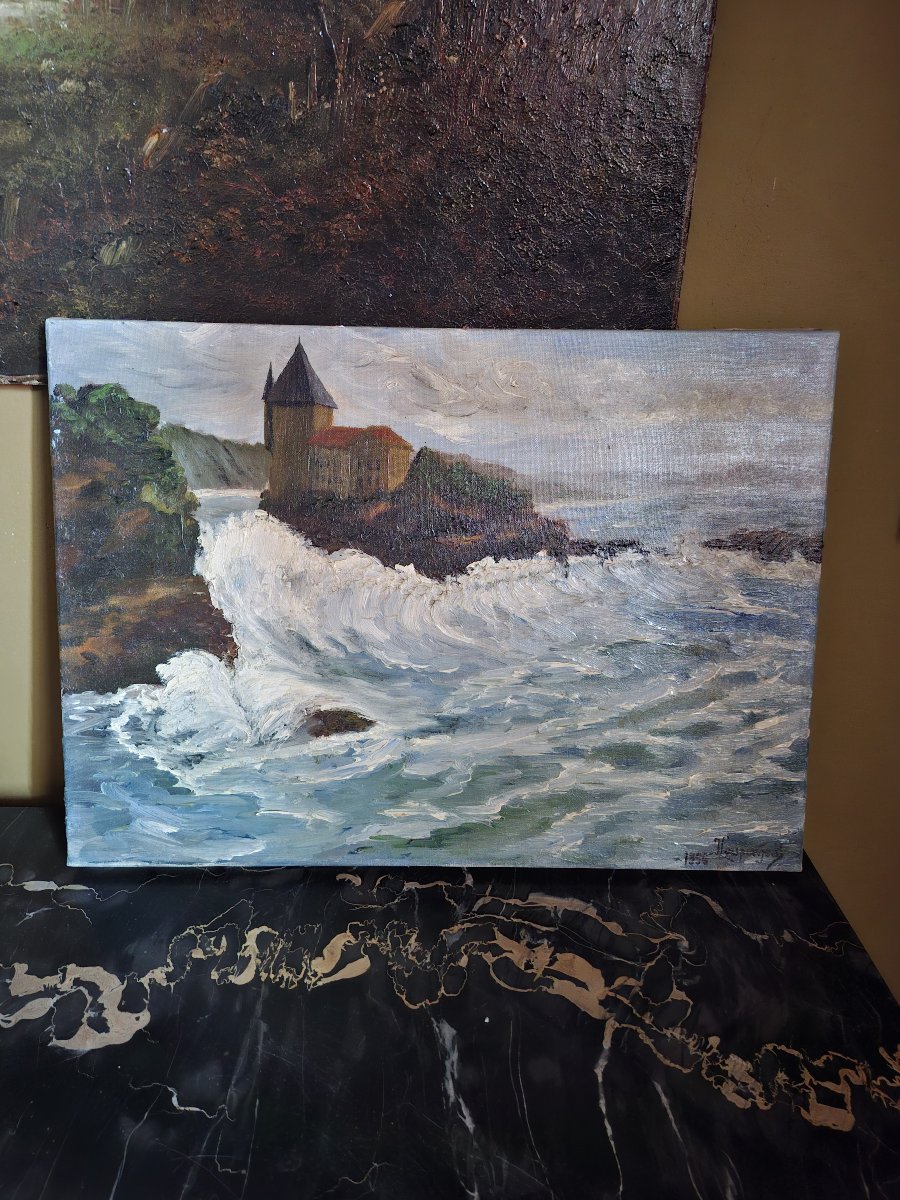 huile sur toile de J. Laspougeas la villa Belza à Biarritz 1956-photo-2