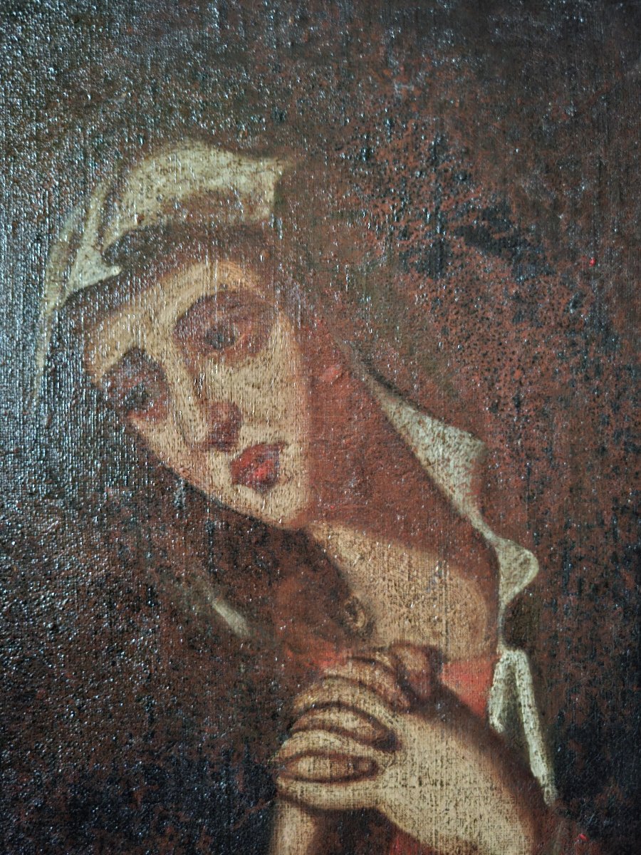 Vierge ou Sainte Femme huile sur toile XVIII eme siècle format oval-photo-3