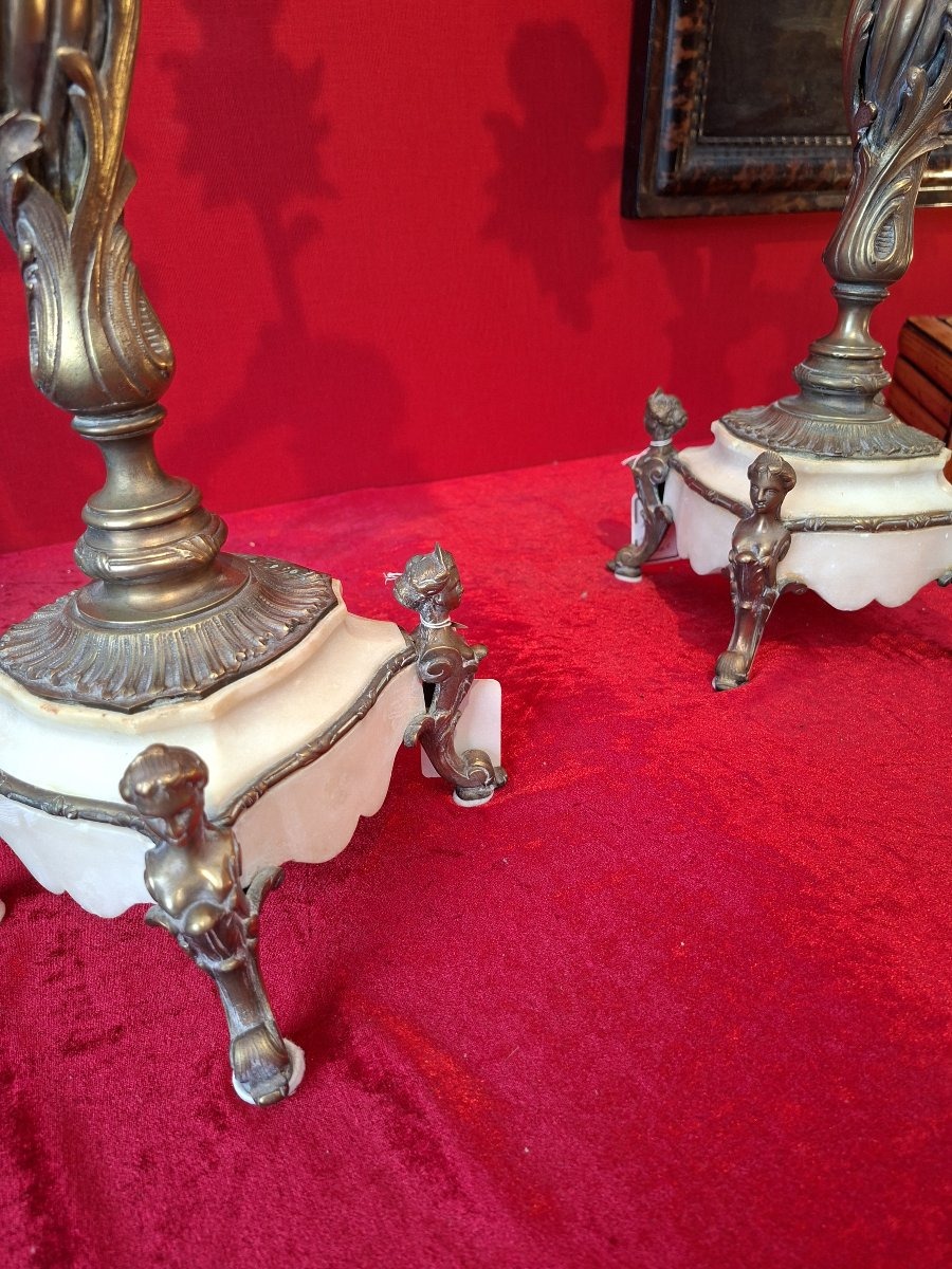 paire de flambeaux de style Rocaille 5 bras bronze et albâtre XIXeme siècle-photo-6