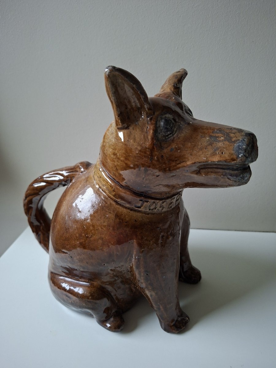 Anthropomorphic Pitcher Depicting A Sitting Dog, Signed By Louis Le Gué Coudreceau