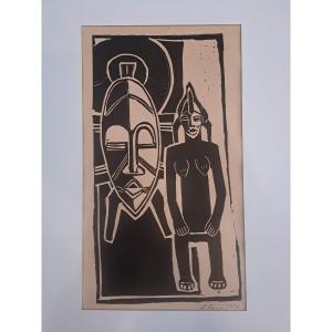 gravure "Masques" de Nonna Khotemova (1915-1980)