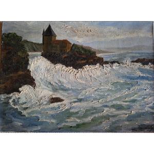 huile sur toile de J. Laspougeas la villa Belza à Biarritz 1956