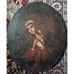 Virgin Or Holy Woman, Oil On Canvas, 18th Century, Oval Format