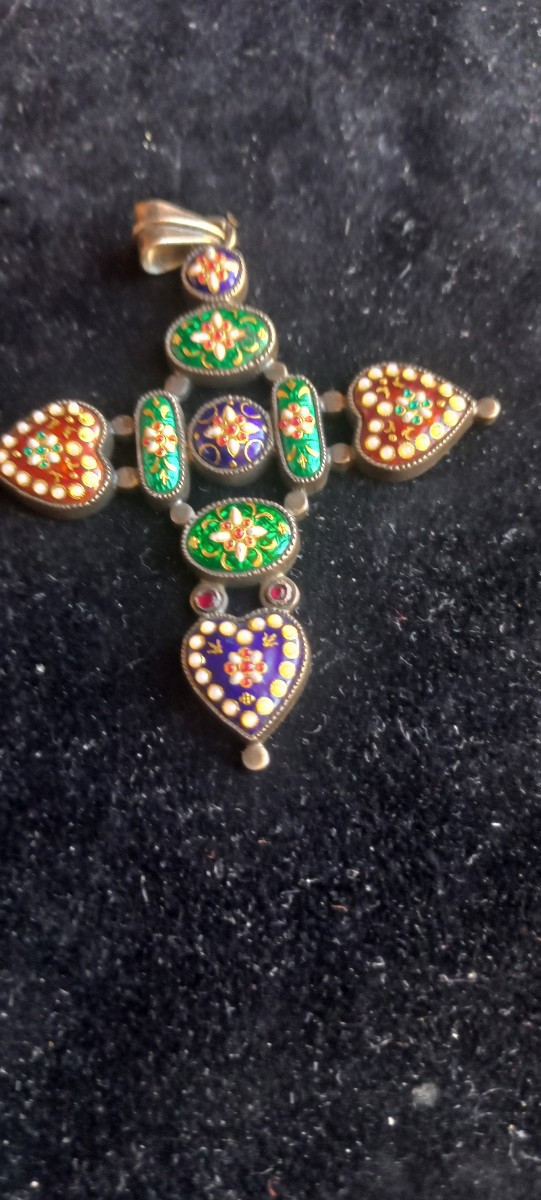 Croix  bressane En vermeil decorée d'émaux de couleurs -photo-2