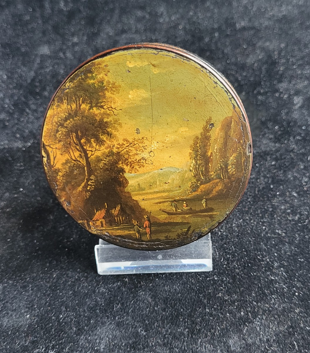 Round Painted Snuffbox With A Landscape With A River And Characters .-photo-3