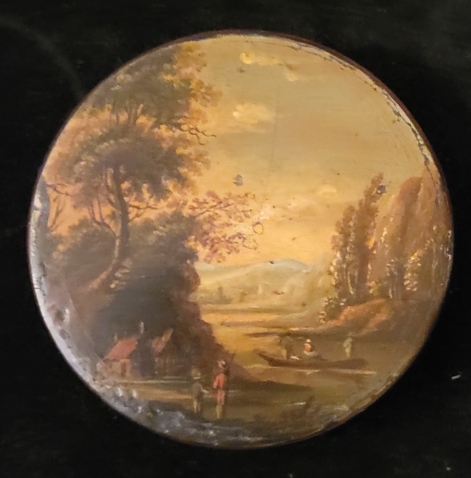 Round Painted Snuffbox With A Landscape With A River And Characters .