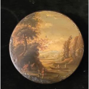 Paysage avec une rivière  et des personnages sur une tabatière en bois peint
