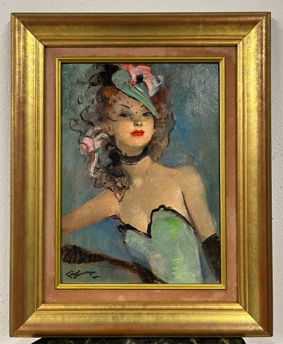 Oil On Panel "the Lady In Green" By Jean Gabriel Domergue 1889-1962-photo-2