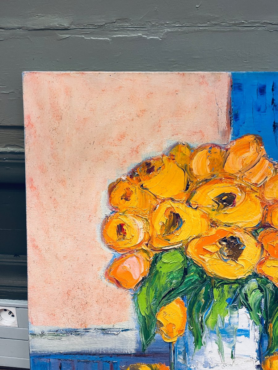 Bernard Gassmann: Huile sur toile. Bouquet de tulipes jaunes-photo-2