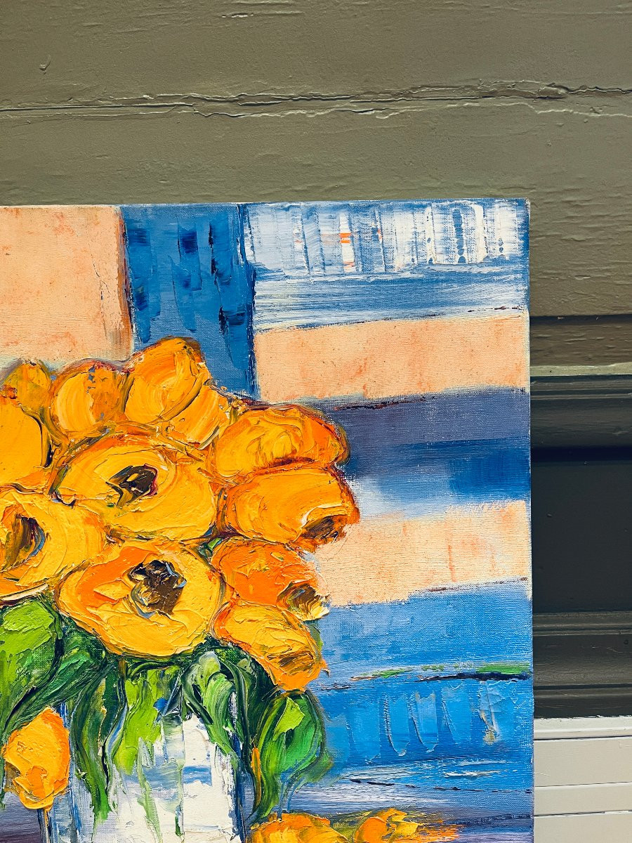 Bernard Gassmann: Huile sur toile. Bouquet de tulipes jaunes-photo-3