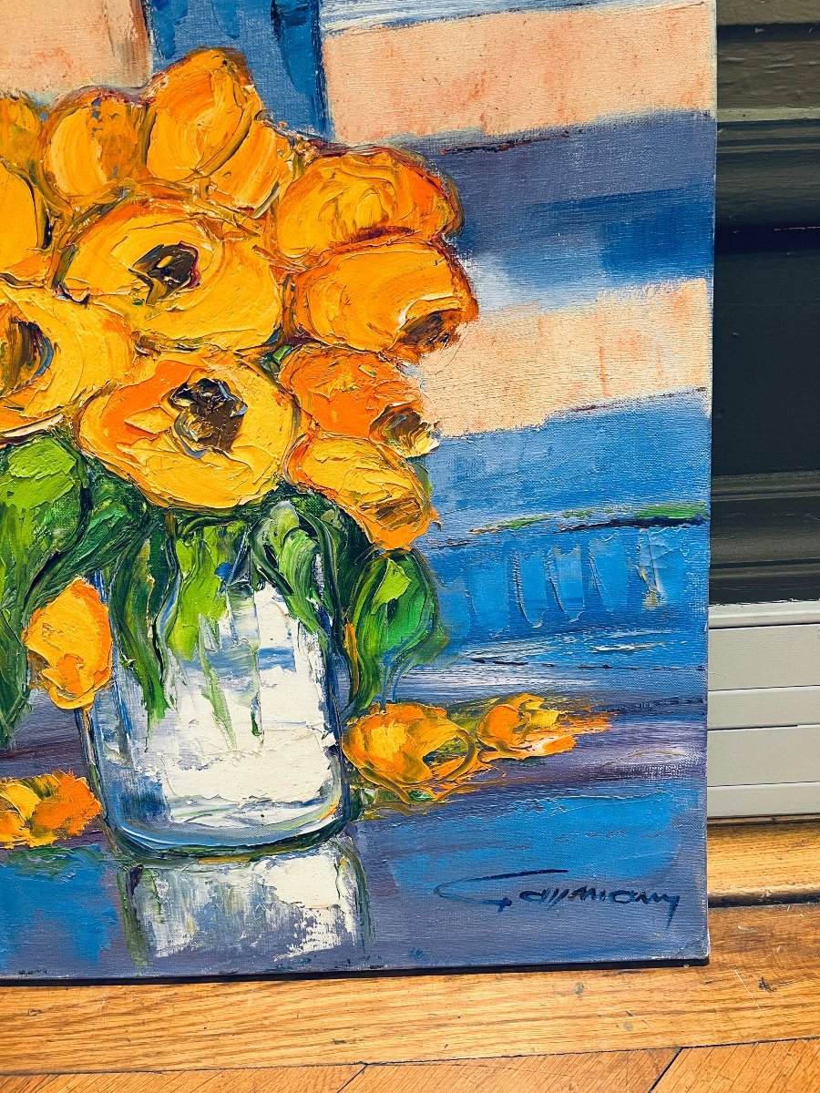 Bernard Gassmann: Huile sur toile. Bouquet de tulipes jaunes-photo-4