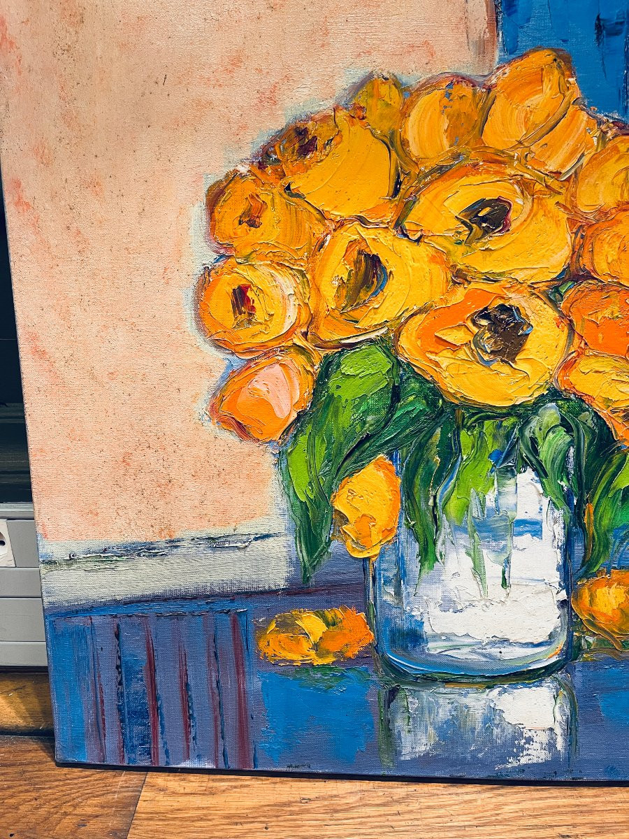 Bernard Gassmann: Huile sur toile. Bouquet de tulipes jaunes-photo-1