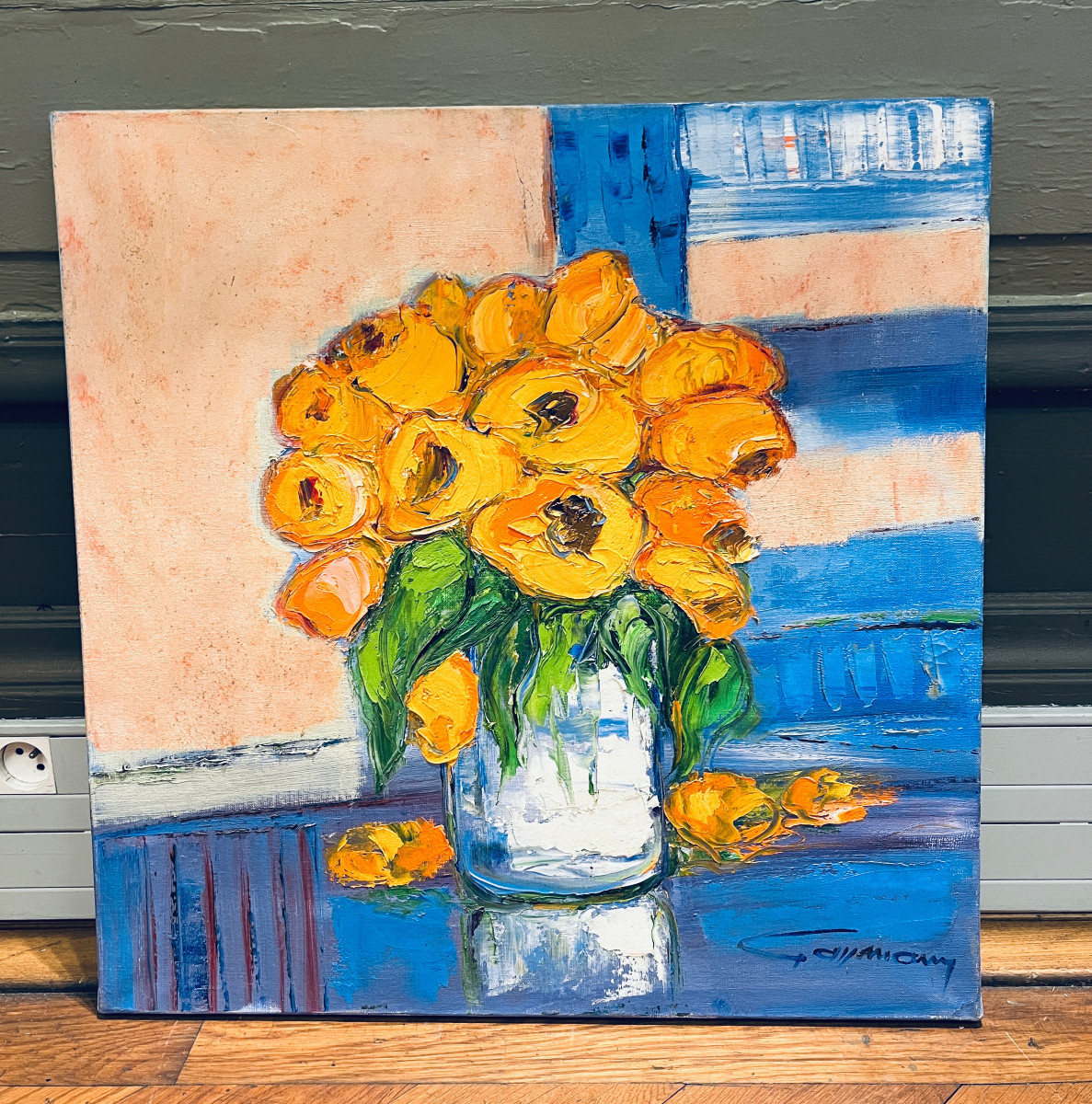 Bernard Gassmann: Huile sur toile. Bouquet de tulipes jaunes