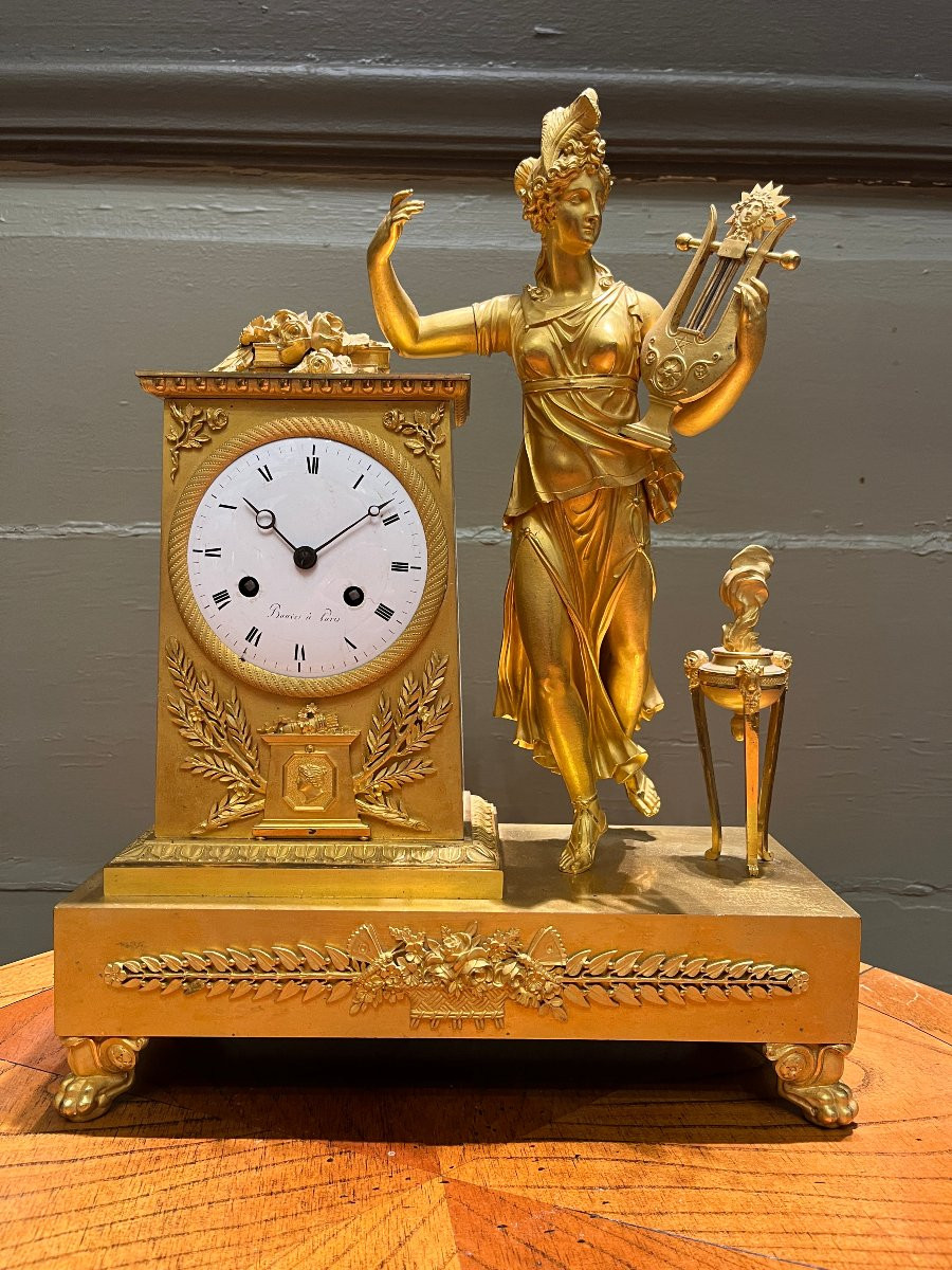 Pendule Empire Bauve à Paris. Muse en bronze doré athénienne - pot à feu XIXème-photo-2