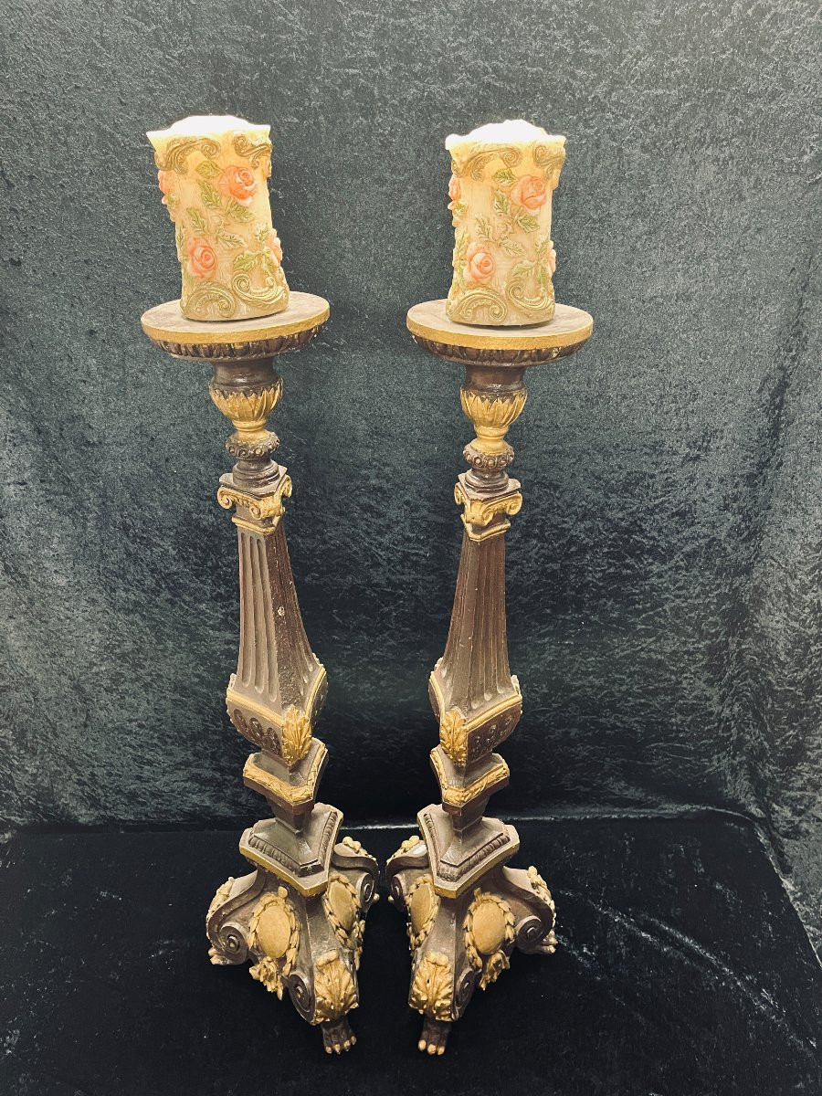 Paire de piques-cierges Bougeoirs en bois sculpté et polychromé d'époque XIX°-photo-4