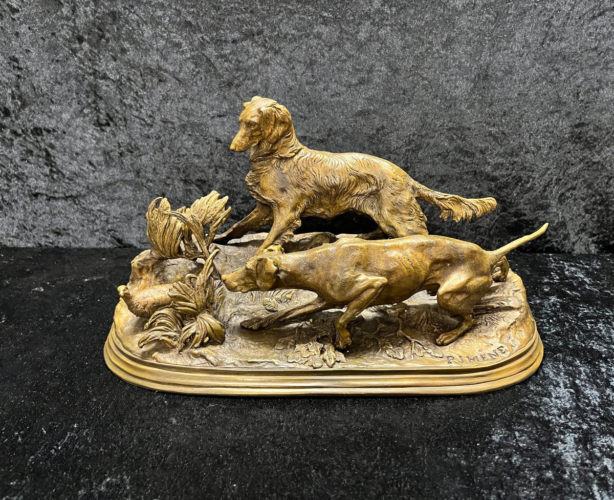 Pierre-jules Mêne: Large Bronze Sculpture. Hunting Dogs, 19th Century-photo-2