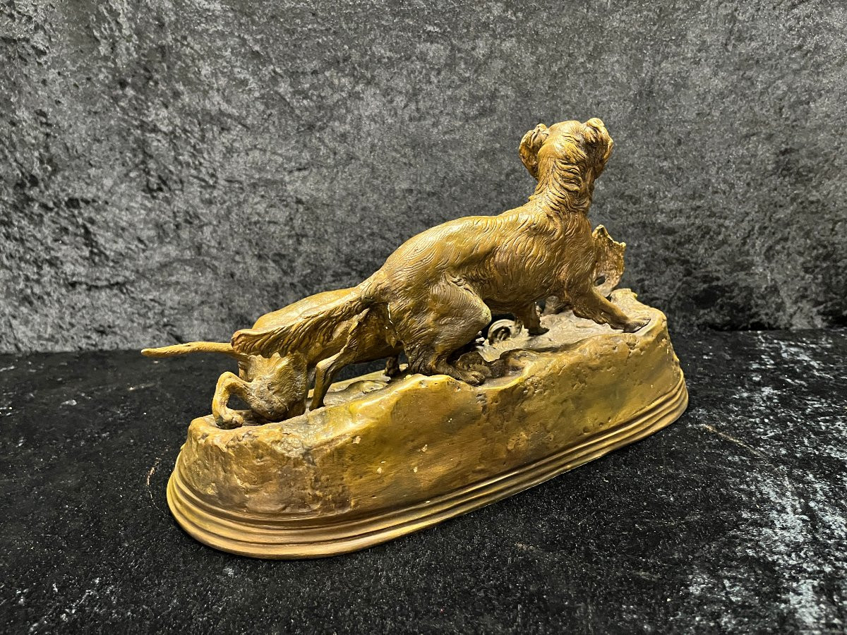 Pierre-jules Mêne: Large Bronze Sculpture. Hunting Dogs, 19th Century-photo-3