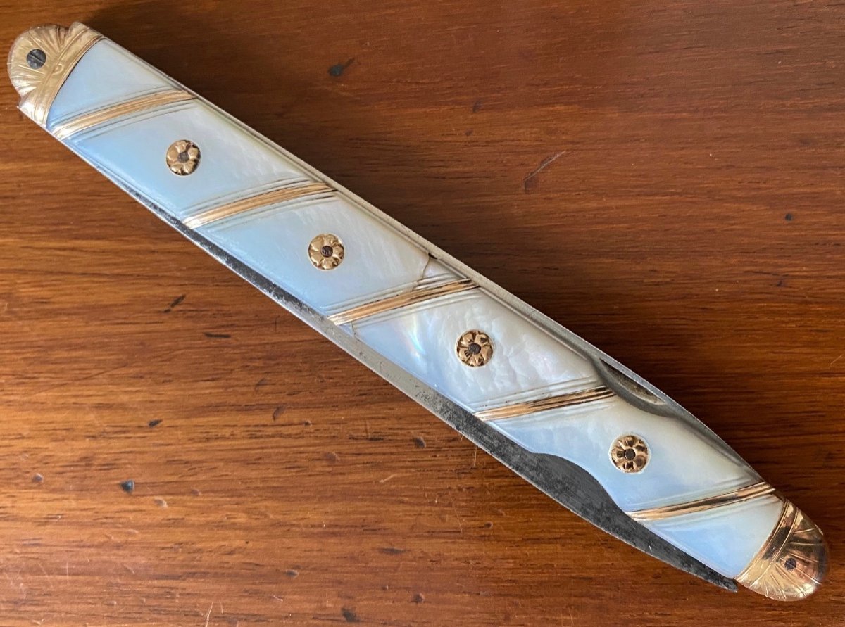 Couteau, pliant, à la Berge, de voyage,  lames, Argent, Acier, Nacre, Or, Orléans, XVIIIè-photo-2
